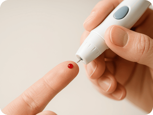 Goccia di sangue su un dito mentre si usa un glucometro, primo piano su punta e dispositivo.