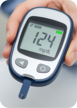 Dispositivo per la misurazione del glucosio nel sangue con display che mostra 124 mg/dL, mani che lo tengono in primo piano.
