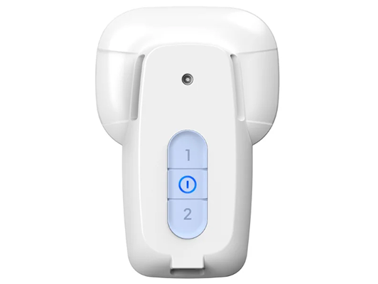 Dispositivo medico Therapist portatile bianco con pulsante azzurro e indicatore; bottone centrale evidenziato e cornice arrotondata.
