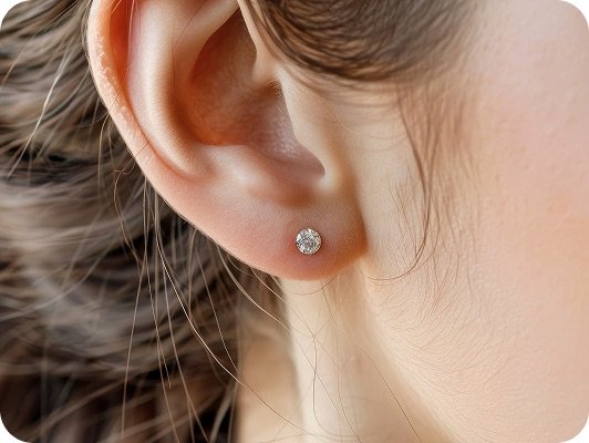 Primo piano su orecchio femminile con orecchino piccolo e brillante.