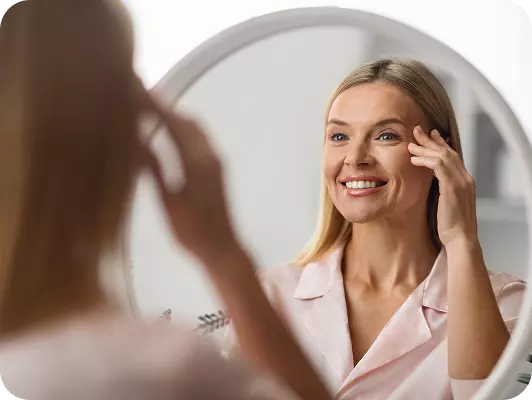 Donna felice che si guarda allo specchio, toccandosi delicatamente il volto in una routine di cura della pelle, ambiente domestico luminoso.