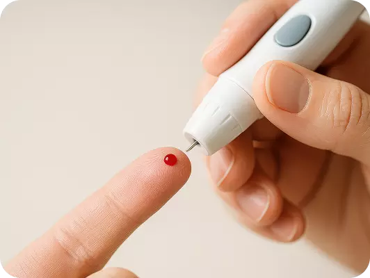 Goccia di sangue su un dito mentre si usa un glucometro, primo piano su punta e dispositivo.