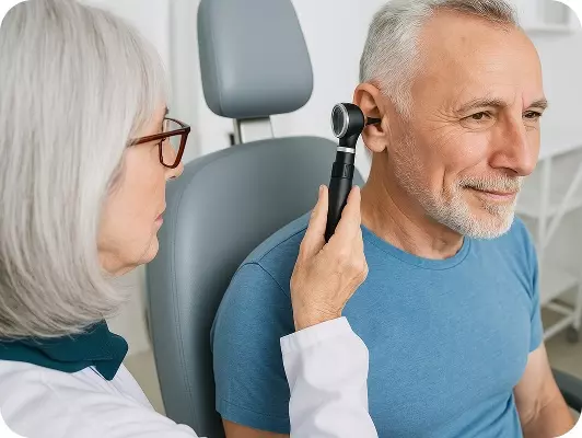 Medico controlla l’orecchio di un paziente anziano con otoscopio in clinica